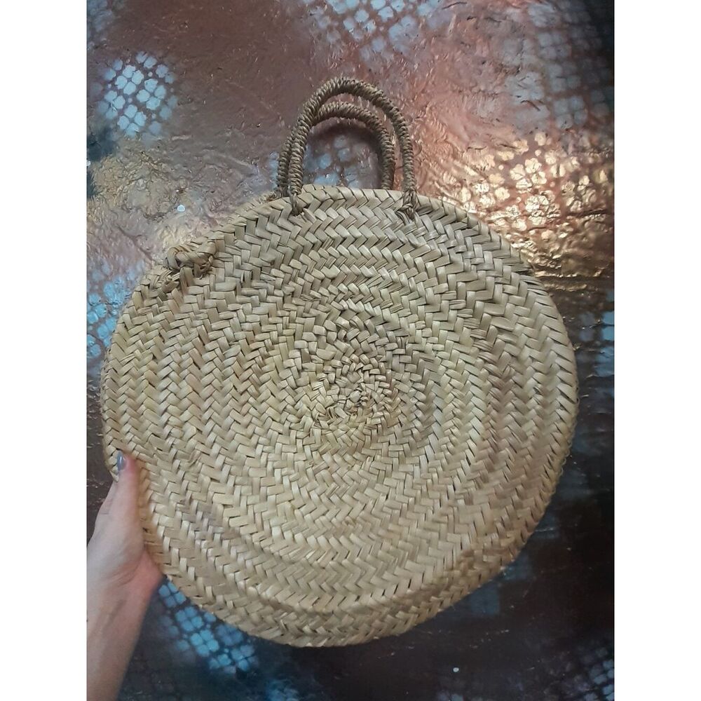 Vintage Handwoven Round Straw Maxi Tote Bag - Natural Brown